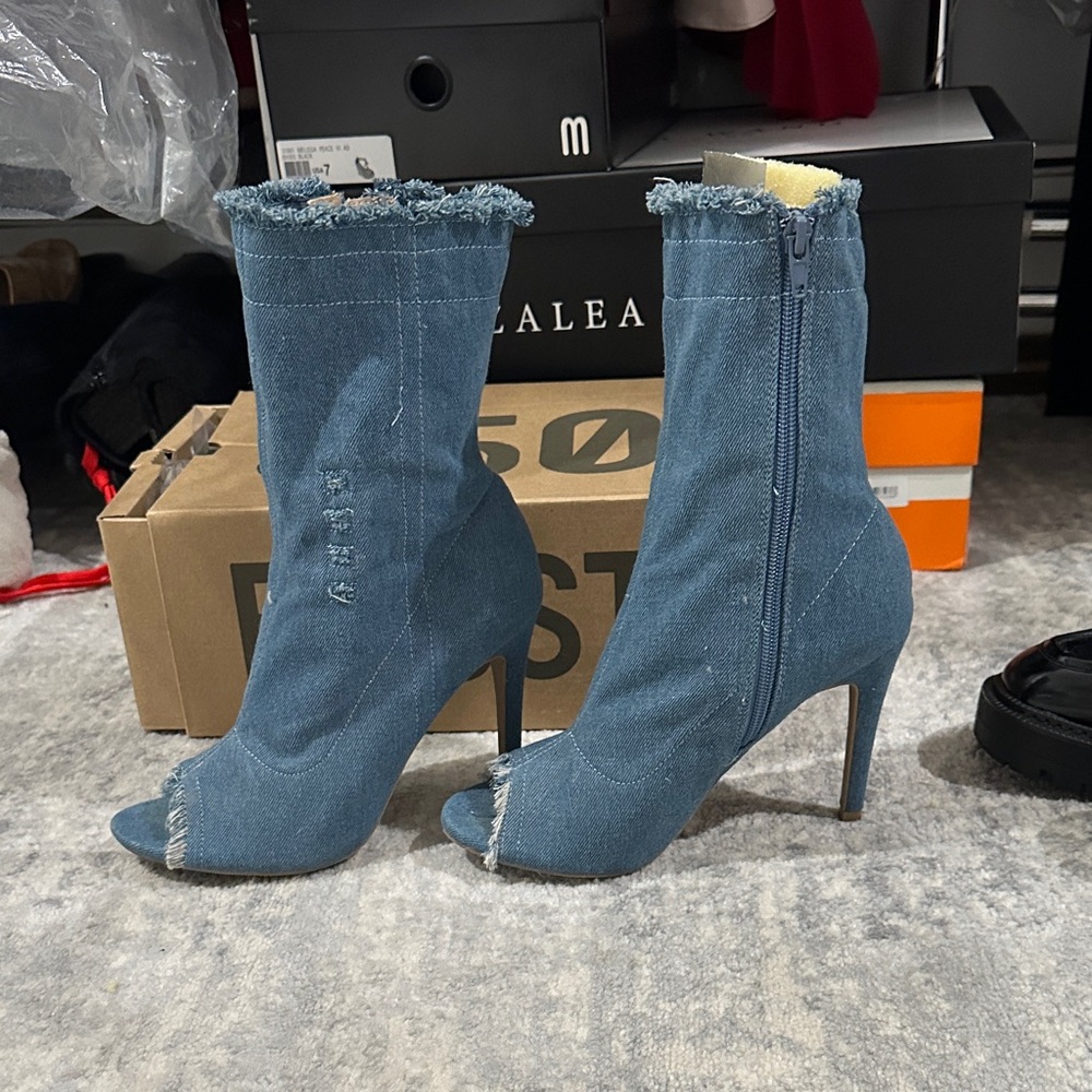 Wild Diva Blue Denim Peep-Toe Heeled Boots